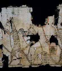 Papiro que representa escena satírica, ca 1100 a.C., del reinado de Ramsés IX, Detalle, Civilización egipcia, Reino Nuevo, Dinastía XX