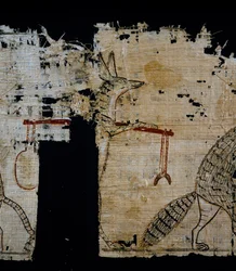 Papiro que representa escena satírica, ca 1100 a.C., del reinado de Ramsés IX, Detalle, Civilización egipcia, Reino Nuevo, Dinastía XX