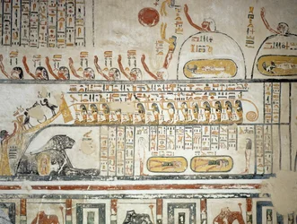 Procesión siguiendo la navegación celestial del dios Sol Ra, Libro de la Tierra, detalle de los frescos de la cámara funeraria de la Tumba de Ramsés VI, Valle de los Reyes, Luxor, Tebas (Lista del Patrimonio Mundial de la Unesco)