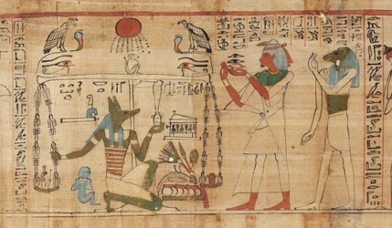Detalle del Libro de los Muertos del sacerdote Aha-Mer que representa a Anubis pesando el corazón del difunto contra la Pluma de la Verdad