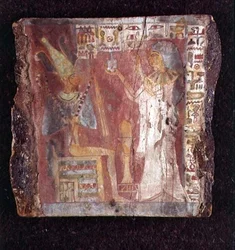 Interior del sarcófago de la cantante, Toarnemiherti, mostrando a la difunta ofreciendo incienso a Osiris entronizado, Periodo Intermedio Tardío (piedra pintada)