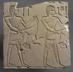 Profeta y sacerdote-lector con ofrendas de gansos vivos, c.667-647 a.C.