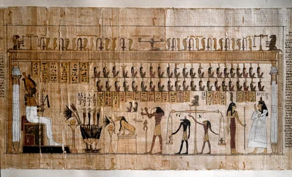 Antigüedad egipcia: la pesaje de las almas (psicostasis). Papiro de un Libro de los Muertos. Turín, Museo Egipcio