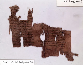 Papiro literario: Fedro de Platón (-428; -348), filósofo griego. Universidad de Milán, Instituto de Papirología