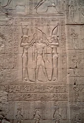 Antigüedad egipcia: bajorrelieve que representa la coronación del rey Ptolomeo IV. Templo de Horus, Edfu, Egipto