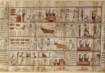 Antigüedades egipcias: los campos Elíseos. Pintura en papiro del Libro de los Muertos. Período Ptolemaico. Museo Egipcio de Turín