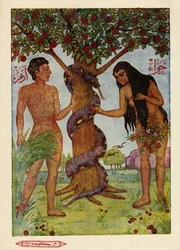 Adán y Eva en el jardín del Edén, según una sura del Corán. Imagen islámica egipcia