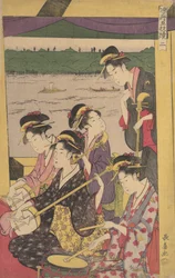 Una fiesta de geishas en un Suzumi-bune, es decir, barco para refrescarse. Segunda escena de un paseo en barco..., ca. 1796
