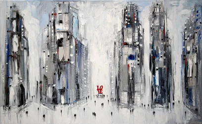 Paisaje urbano moderno con toques rojos