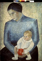 Un niño con una naranja. Pintura de Ekaterina Petrova Troitskaya (Petrova-Troitskaya) (1900-1932), óleo sobre lienzo