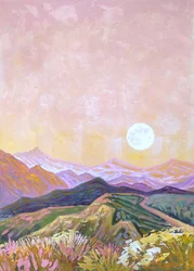 Salida de la luna en la montaña en tonos pastel