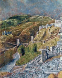 Vista y plano de Toledo (pintura sobre lienzo)