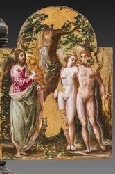 Parte trasera del altar portátil: Adán y Eva frente al Padre Eterno, detalle de 2384587 (temple grassa sobre tabla)