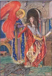 Isabel... rezó a Dios para que la vistiera, de "La historia de Santa Isabel de Hungría" de Guillermo Cantón (1845-26) 1921 (litografía en color)
