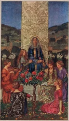 Our Lady Sings Magnificat, ilustración de "The Book of Old English Songs and Ballads", publicado por Stodder and Houghton, c.1910 (litografía en color)