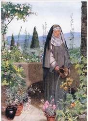 Santa Clara en el jardín del monasterio que fundó (litografía)