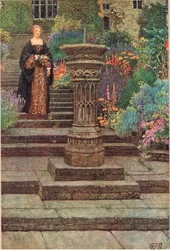 Mujer en un jardín, ilustración de "The Book of Old English Songs and Ballads" publicado por Stodder y Houghton, c.1910 (litografía en color)