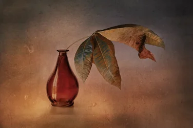 Jarrón rojo con hojas de otoño
