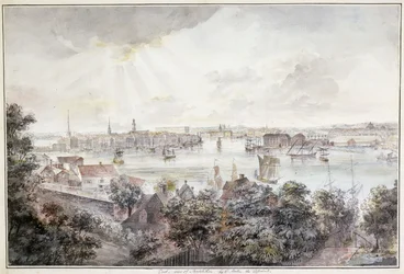 Una vista de Estocolmo desde Söder con el Palacio Real, Storkyrkan, Riddarholmskykan y Tyska kyrkan