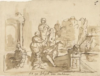 Alegoría con figuras haciendo música en un jardín