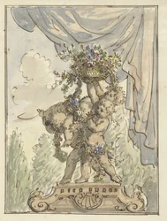 Tres putti con una cesta de flores