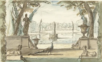 Vista de un jardín con un estanque, una fuente y un pavo real