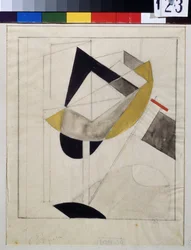 Proun 19 (Proun 19) - Obra de Lazar Lissitskij dit El Lissitskij (Lissitsky or Lissitski or Lissitzky) (1890-1941), Gouache y tinta sobre papel, alrededor de 1920 - Vanguardia rusa, principios del siglo XX, arte abstracto - State Tretyakov Galería , Moscú