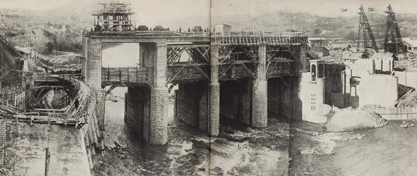 Planta hidroeléctrica de Rioni. Ilustración de la URSS construye el socialismo