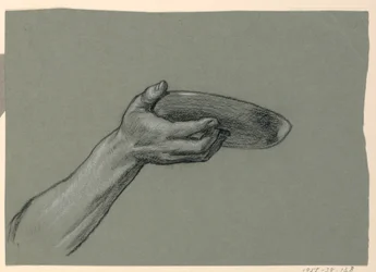 Dibujo, detalle de antebrazo y mano sujetando un objeto circular, hacia 1885