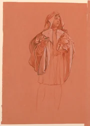 Dibujo, estudio de una figura con capucha, hacia 1885
