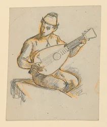 Niño sentado tocando un laúd