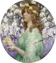 Jeune Femme au Bouquet (óleo oval sobre lienzo, colocado sobre tabla)