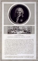 Calonne, Controlador General de Finanzas, en 1787, retrato grabado por Charles Levachez (fl.1760-1820), con una escena de la Asamblea de los Notables por Jean Duplessis-Bertaux (1747-1819), c.1803