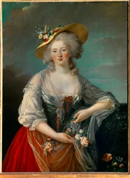 Retrato de Elisabeth Philippine Marie Helene de Francia conocida como Madame Elisabeth (1764-1794), hermana de Luis XVI representada en 1782, en un traje campestre presentando flores