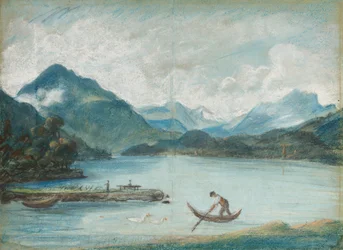 Vista del lago de Ginebra con un hombre remando en un pequeño bote y dos cisnes