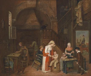  Visita al pastelero, (en la mesa) firmada indistintamente, fechada por M. E. De Latour 1822