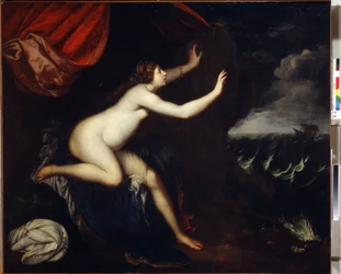 Riyadane (Riyadane) se sentó en Abandon. Pintura de Elisabetta Sirani (1638-1665). Huille-sur-Toile