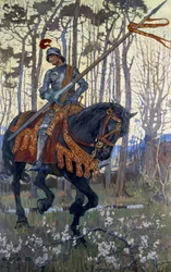 Un caballero con armadura atraviesa el bosque, ilustración del "Bosque del Rey Arturo" de Elizabeth Adela Stanhope Forbes (litografía en color)