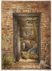 Muro de ladrillo con puerta abierta y pala