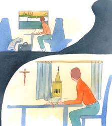 Una persona que adopta un nuevo país y lo ama, averigua todo lo que puede, estudia su historia, viaja a lugares hermosos y lo defiende ante los demás, 2005 (acuarela sobre papel)