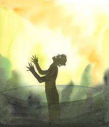 Un alma impenitente que había muerto y estaba a punto de caer en las profundidades del Infierno gritaba con furia al Dios Santo -el único Dios- a Quien esa alma despreciaba y Cuyas leyes había ignorado, 2005 (acuarela sobre papel).