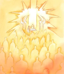 Tan pronto como pedí ayuda a los santos y a los ángeles, fue como si me rodearan en una gran multitud, para apoyarme, mientras me arrodillaba ante el trono del Padre, ofreciéndole mi alabanza vespertina, 2005 (acuarela sobre papel).