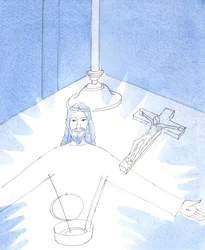 Tan pronto como se abrió el copón, y adoré a Jesús, Realmente Presente en la Sagrada Hostia, se me mostró la vista alegre de Jesús mismo, extendiendo sus brazos para saludarme.