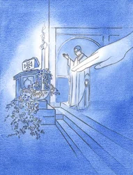 Cuando el sacerdote extendió su mano para bendecir el agua en la pila, en Pascua, Dios Padre extendió Su mano y tocó el agua