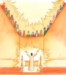 En la misa, mientras Cristo reza al Padre, los santos miran desde el cielo y comparten nuestras oraciones, 2005 (acuarela sobre papel)