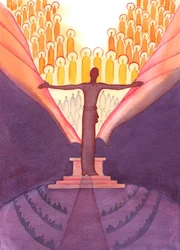 En la misa, es como si un Cristo gigantesco estuviera de pie en el altar, para tender la mano y rasgar el velo que oculta el cielo de la tierra, 2005 (acuarela sobre papel)