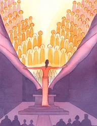 En la misa, es como si un Cristo gigantesco estuviera de pie en el altar, para tender la mano y rasgar el velo que oculta el cielo de la tierra, 2005 (acuarela sobre papel)