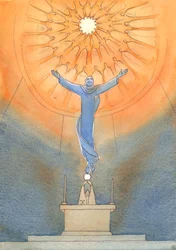 En cada misa, Cristo intercede por nosotros ante el Padre invisible, mientras todos los santos miran desde lo alto con asombro y gratitud, 2005 (acuarela sobre papel)
