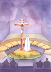 En cada Misa estamos presentes al Sacrificio ofrecido una vez en el Calvario, cuando Cristo sufrió y murió por nosotros, mientras su Madre estaba junto a Él, 2005 (acuarela sobre papel)