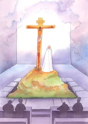En cada Misa estamos presentes al Sacrificio ofrecido una vez en el Calvario, cuando Cristo sufrió y murió por nosotros, mientras su Madre estaba junto a Él, 2005 (acuarela sobre papel)